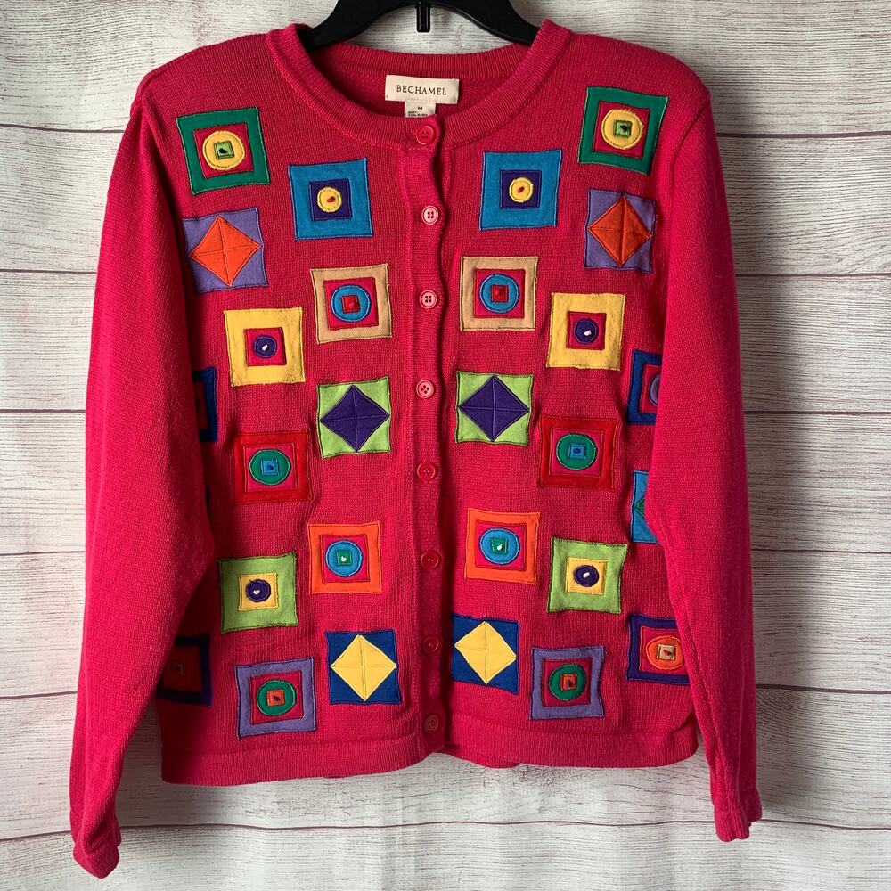 Bechamel Pink Knit Cardigan Sweater Colorful Geometric Squares Button Up Medium